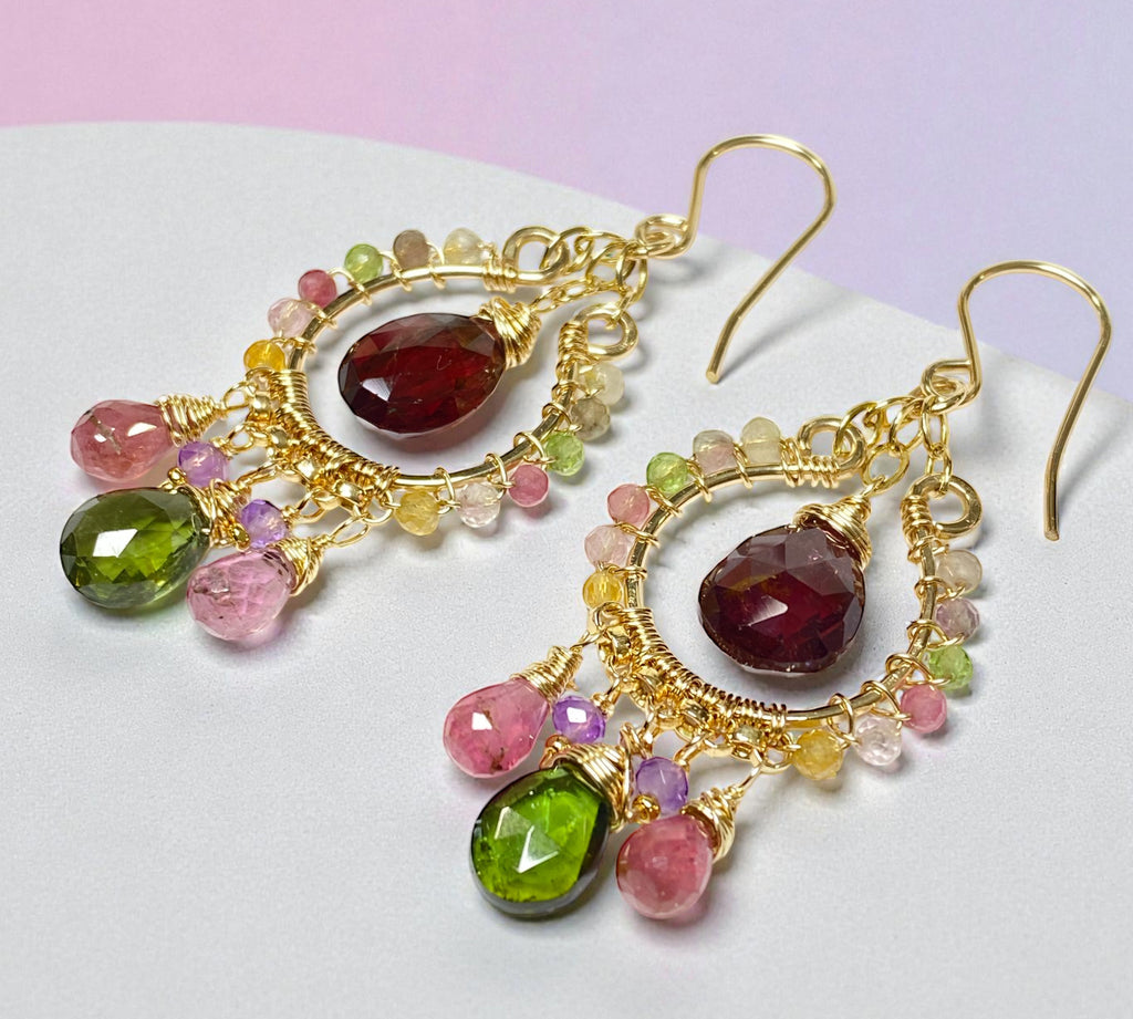 Tourmaline Gemstone Chandelier Hoop Earrings Gold Fill 3