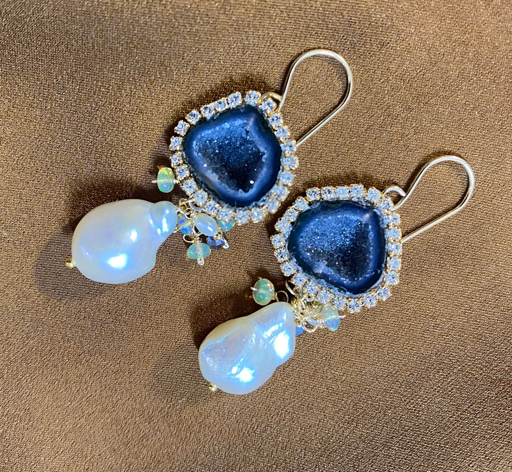 Black Tabasco Geode Earrings with White Baroque Pearls and Opal Clusters