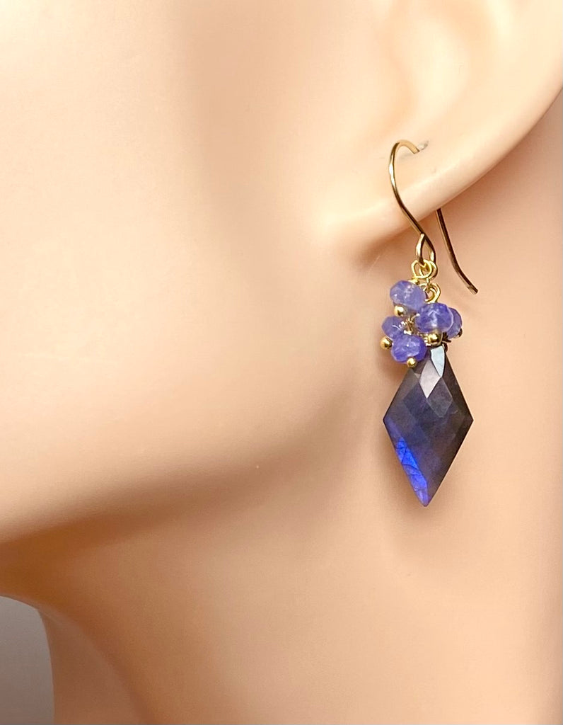 Blue Labradorite Fancy Cut Gem Earrings with Tanzanite Clusters: Gold Fill or Sterling Silver