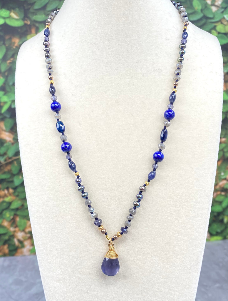 Blue Iolite Pendant Silk Knot Necklace: Mystic Labradorite, Pearl, Iolite, Blue Lapis, Gold Fill