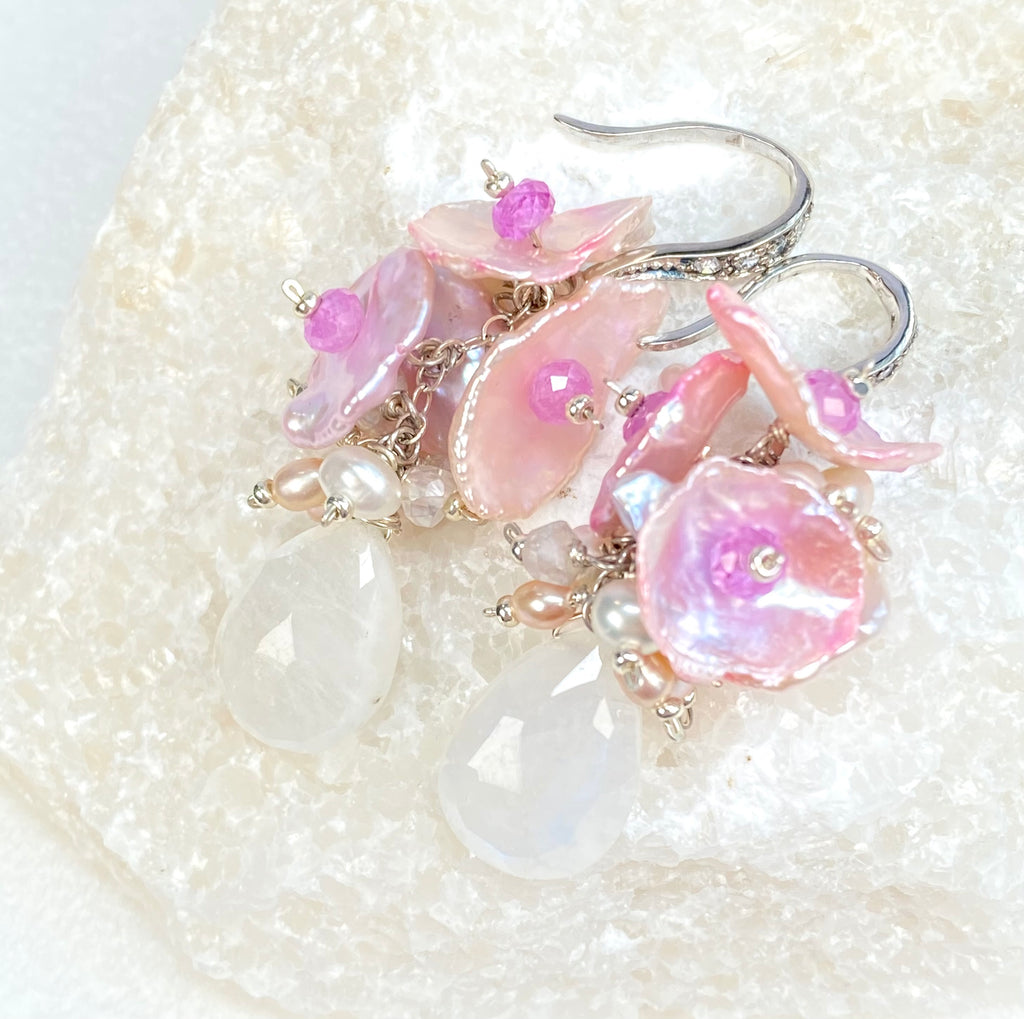 Moonstone, Pink Keishi Pearl, Pink Sapphire Cluster Earrings
