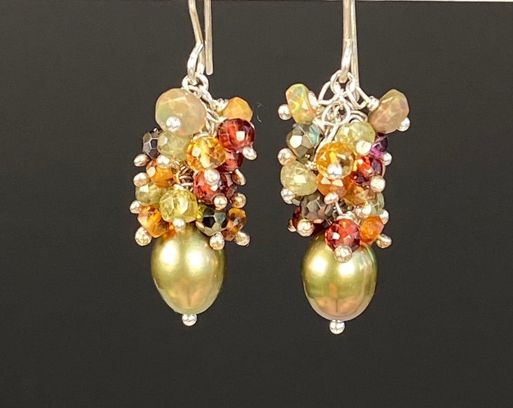 Olive Green Pearl Gemstone Cluster Earrings Sterling Silver with Opals