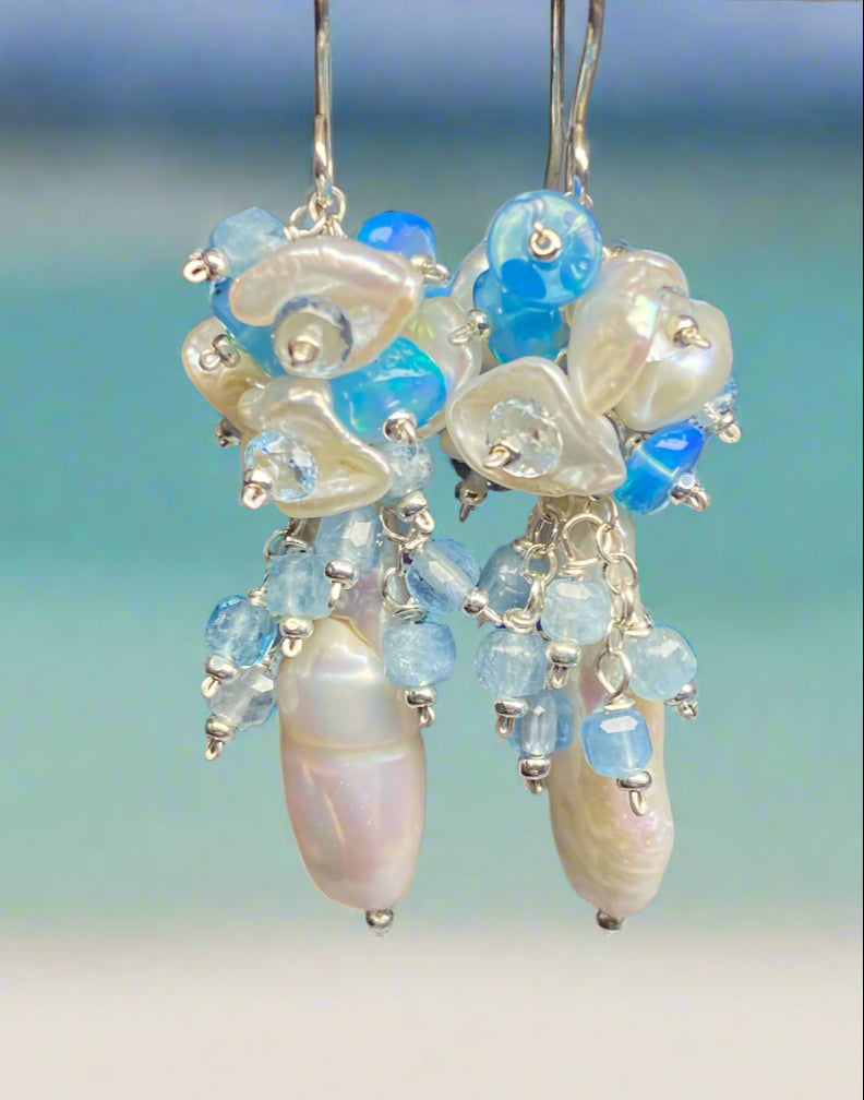 Blue Ethiopian Opal, Keishi Pearl and Gem Dangle Earrings Sterling Silver