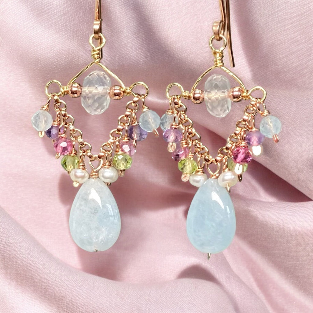 Blue Aquamarine, Rose Quartz, Rose Gold Petite Chandelier Earrings