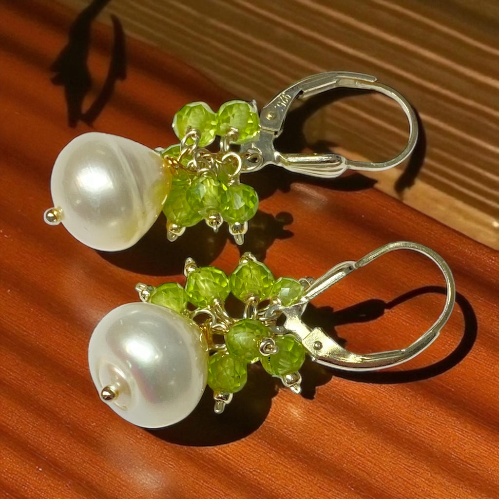 Peridot and Pearl Cluster Earrings, Sterling Silver