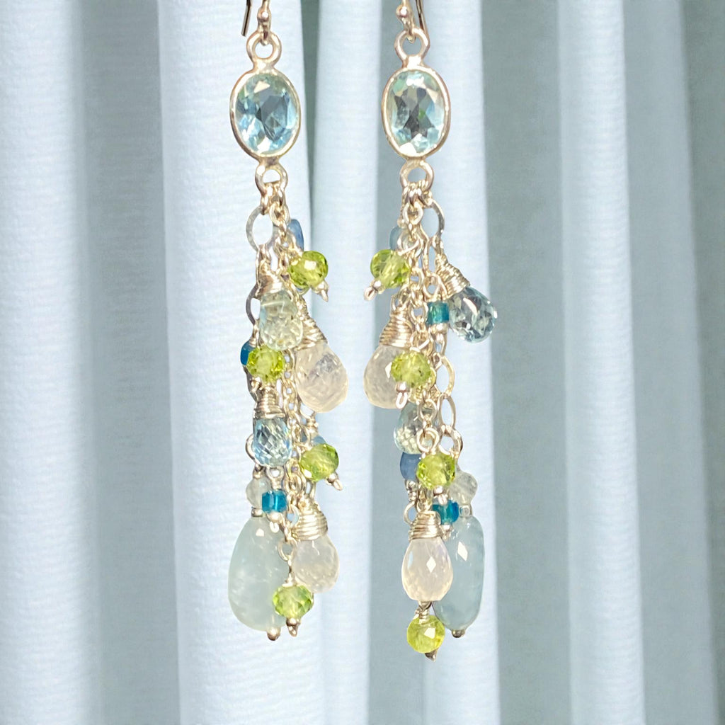 Blue Topaz, Peridot, Aquamarine Long Gem Dangle Earrings Sterling Silver