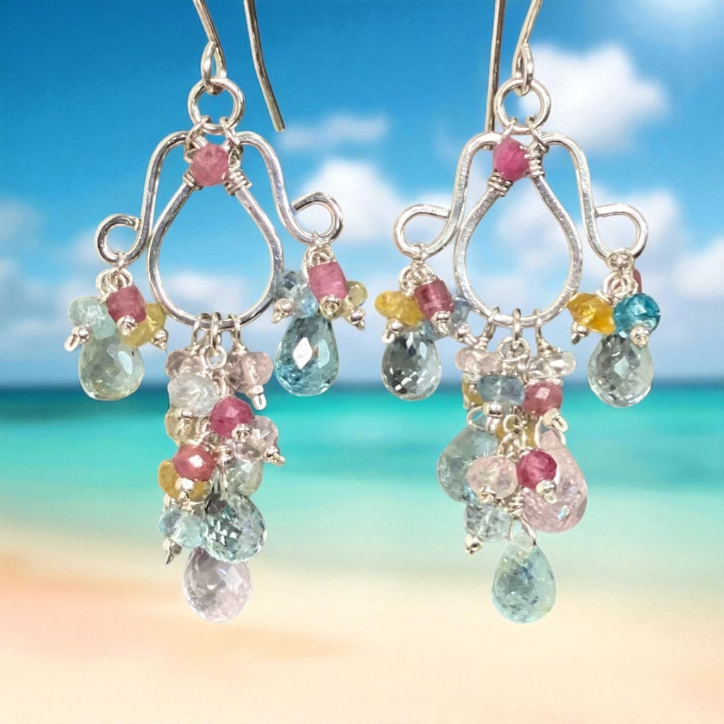 Dangle Gemstone Chandelier Earrings with Aquamarine in Sterling Silver