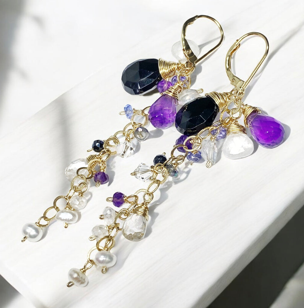 Amethyst Dangle Wire Wrap Moonstone Earrings 1