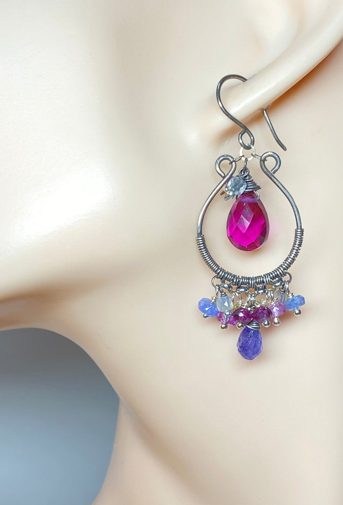Blue Violet Gemstones Oxidized Silver Hoop Chandelier Earrings