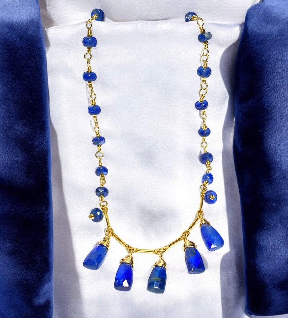 Blue Kyanite Gold Fill Dangle Necklace Rosary Style Wire Wrap