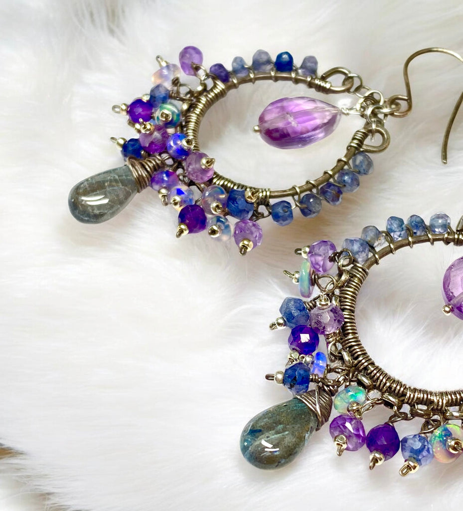 Blue Violet Chandelier Hoop Earrings Oxidized Silver — Iolite Labradorite Amethyst Ethiopian Opal - Doolittle