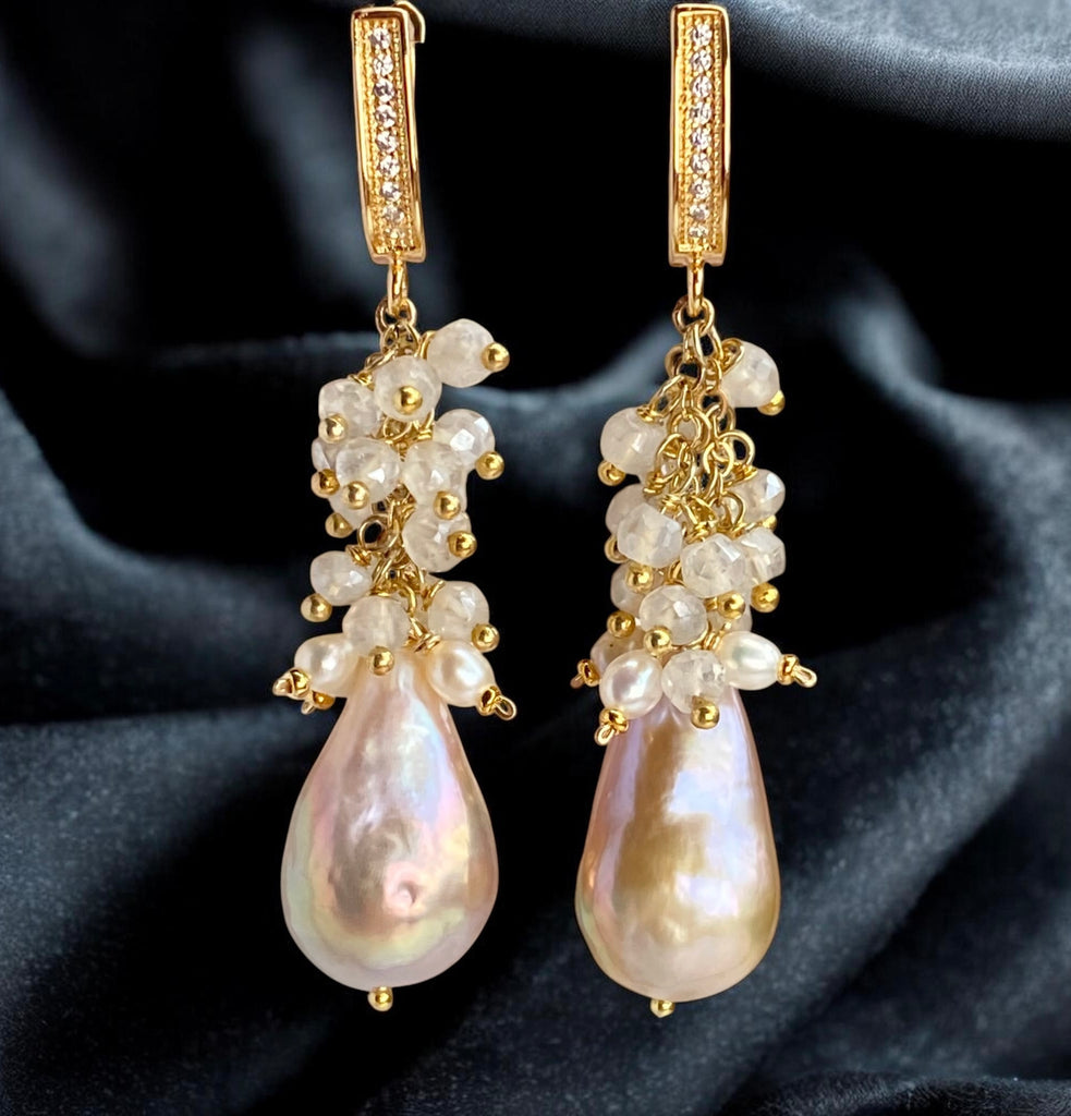 Baroque Flameball Gold Silver Metallic Pearl Earrings with Mystic Crystal Clusters Gold Fill