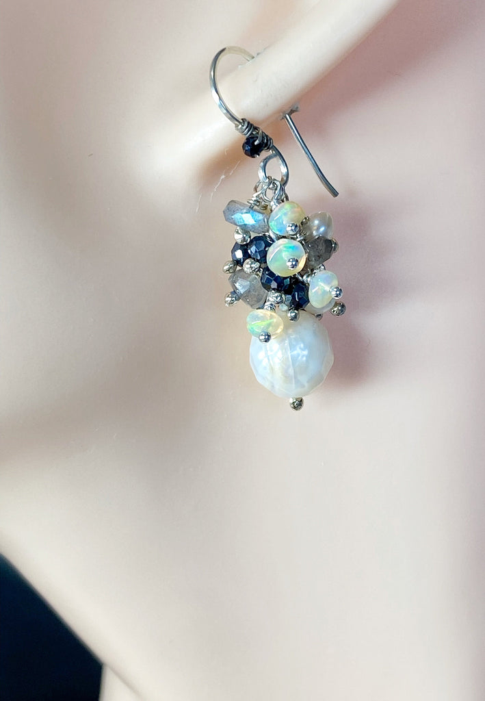 Petite Laser Pearl Cluster Earrings, Black, White, Labradorite, Opals