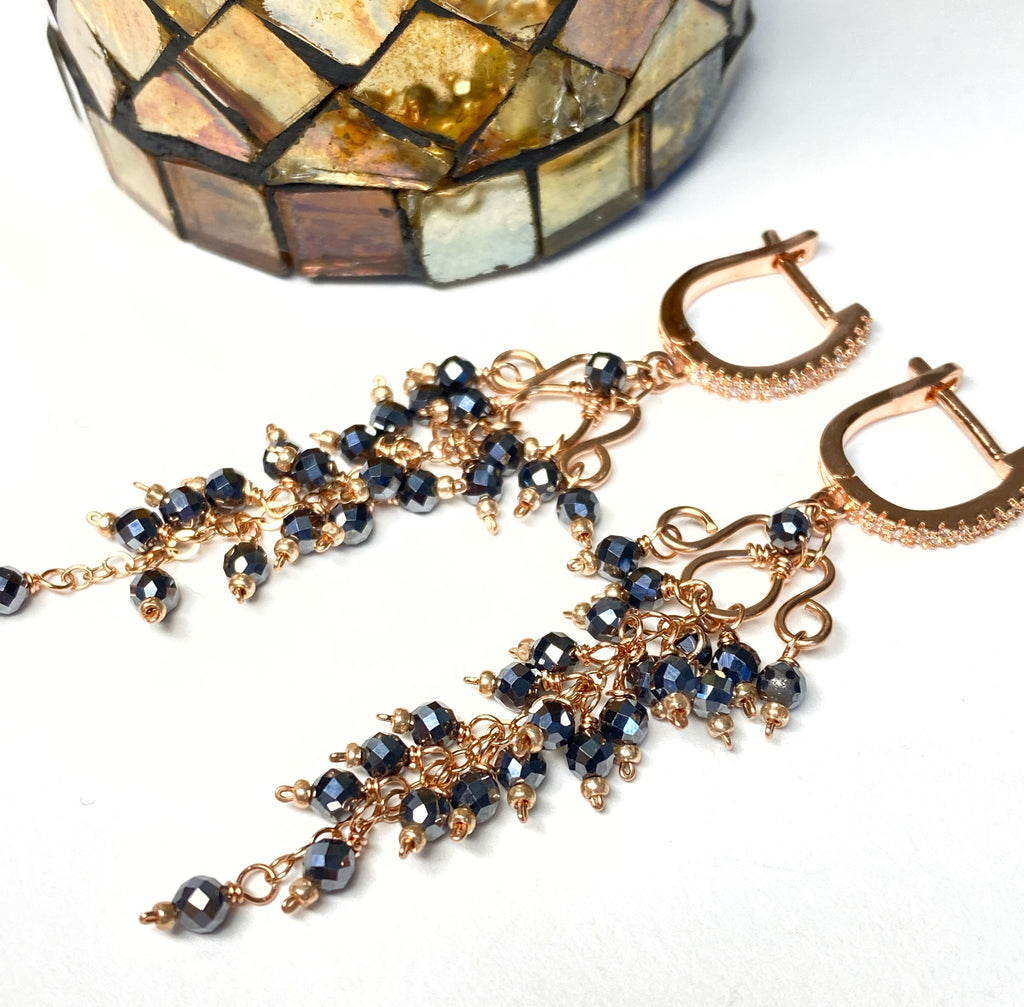 Black Gem Cluster Tassel Dangle Earrings Rose Gold Fill