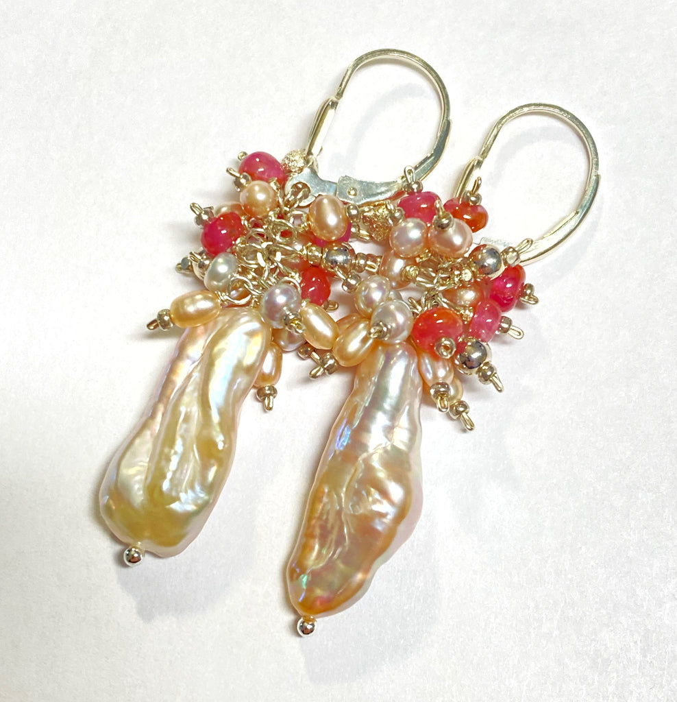 Blush Pink Biwa Pearl Pink Sapphire Cluster Earrings Sterling Silver