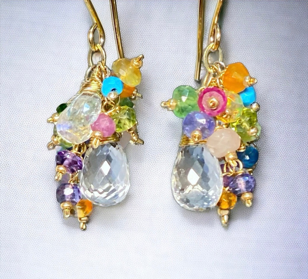 Crystal Quartz Dangle Earrings with Multi Gemstone Cluster 5
