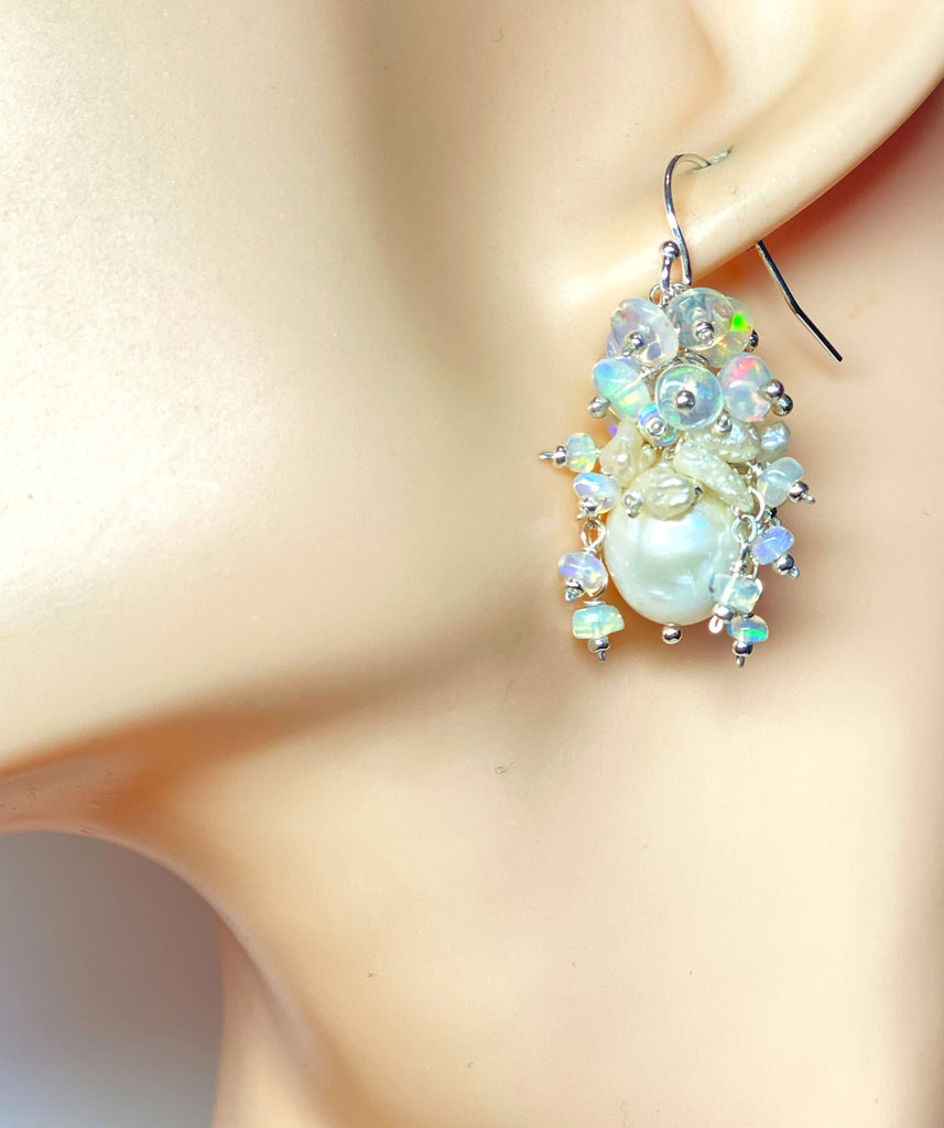 Pearl Ethiopian Opal Cluster Bridal Earrings Sterling Silver