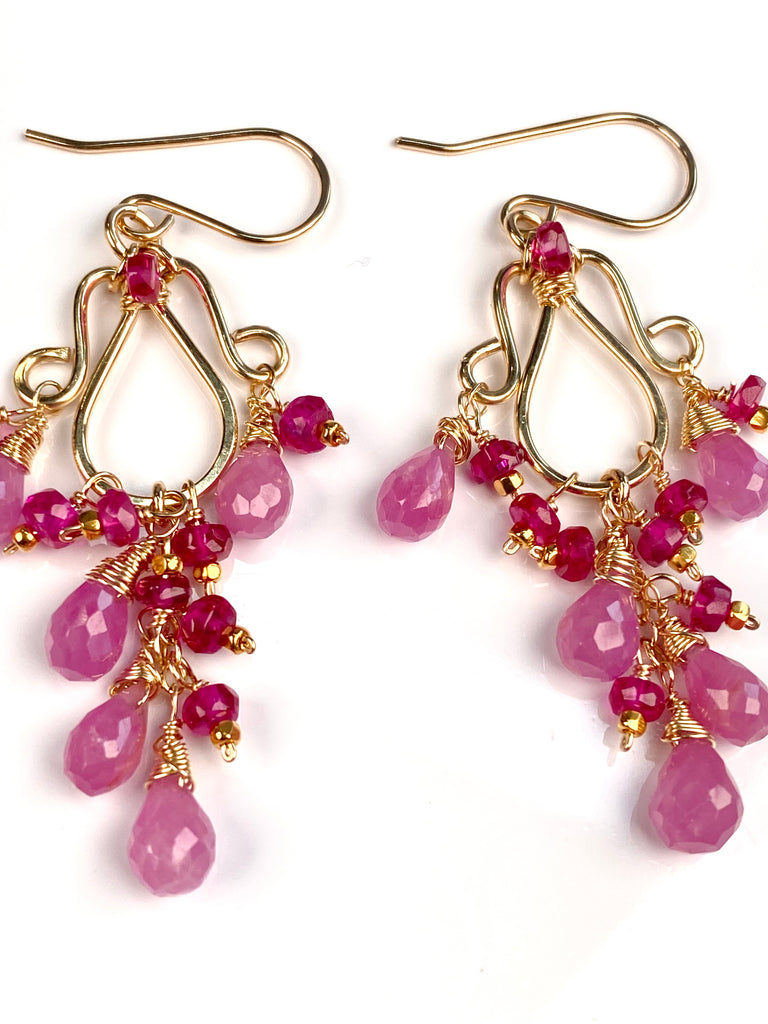 Pink Sapphire and Ruby Chandelier Earrings in Gold Fill