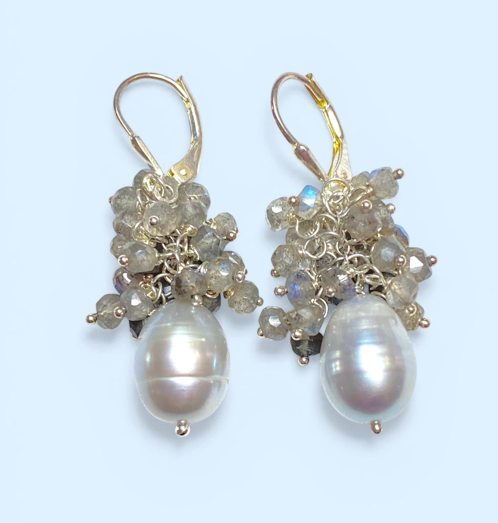 Silver Grey Pearl and Labradorite Cluster Earrings Sterling Silver - Doolittle