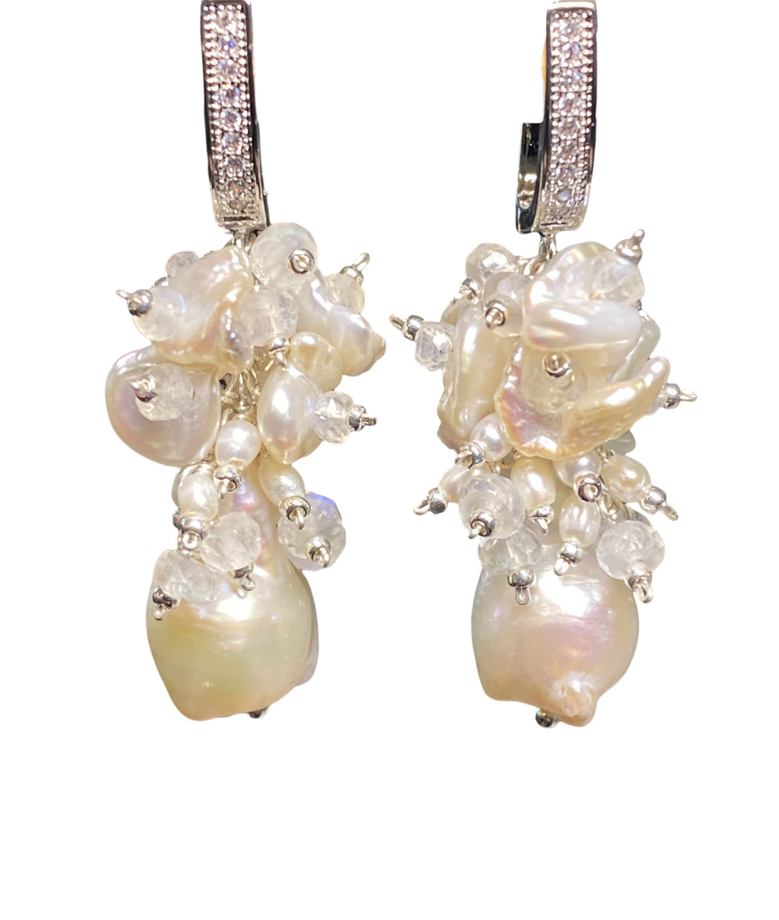 Baroque Flameball Pearl and Moonstone Cluster Bridal Earrings