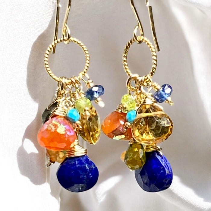 Colorful Gemstone Gold Dangle Earrings Citrine Blue Lapis Carnelian 2