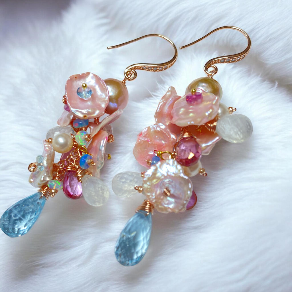Blush Keishi Pearl Pink Topaz Pink Pearl Rose Gold Long Dangle Bridal Earrings - Doolittle