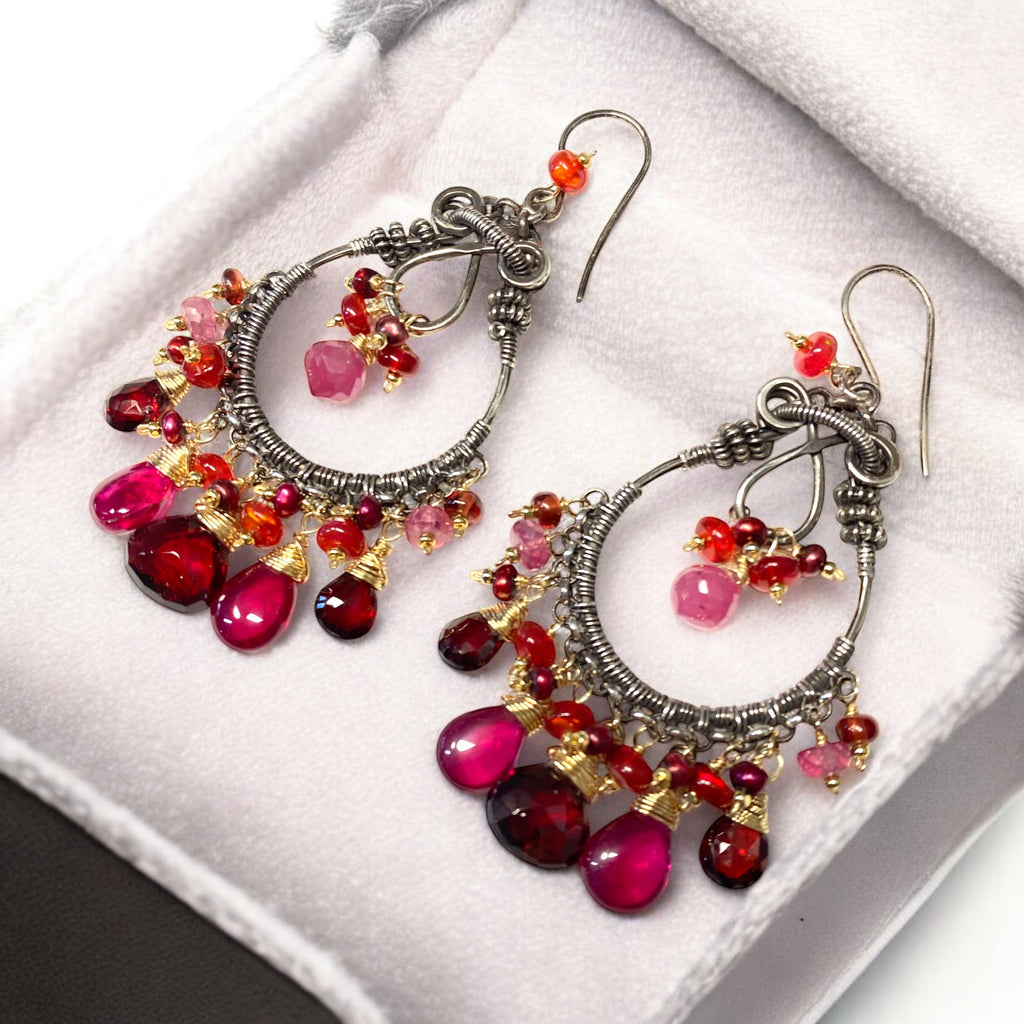 Red Garnet Mixed Metal Chandelier Hoop Earrings - Red Opals, Pink Sapphire Sterling Silver Gold Fill