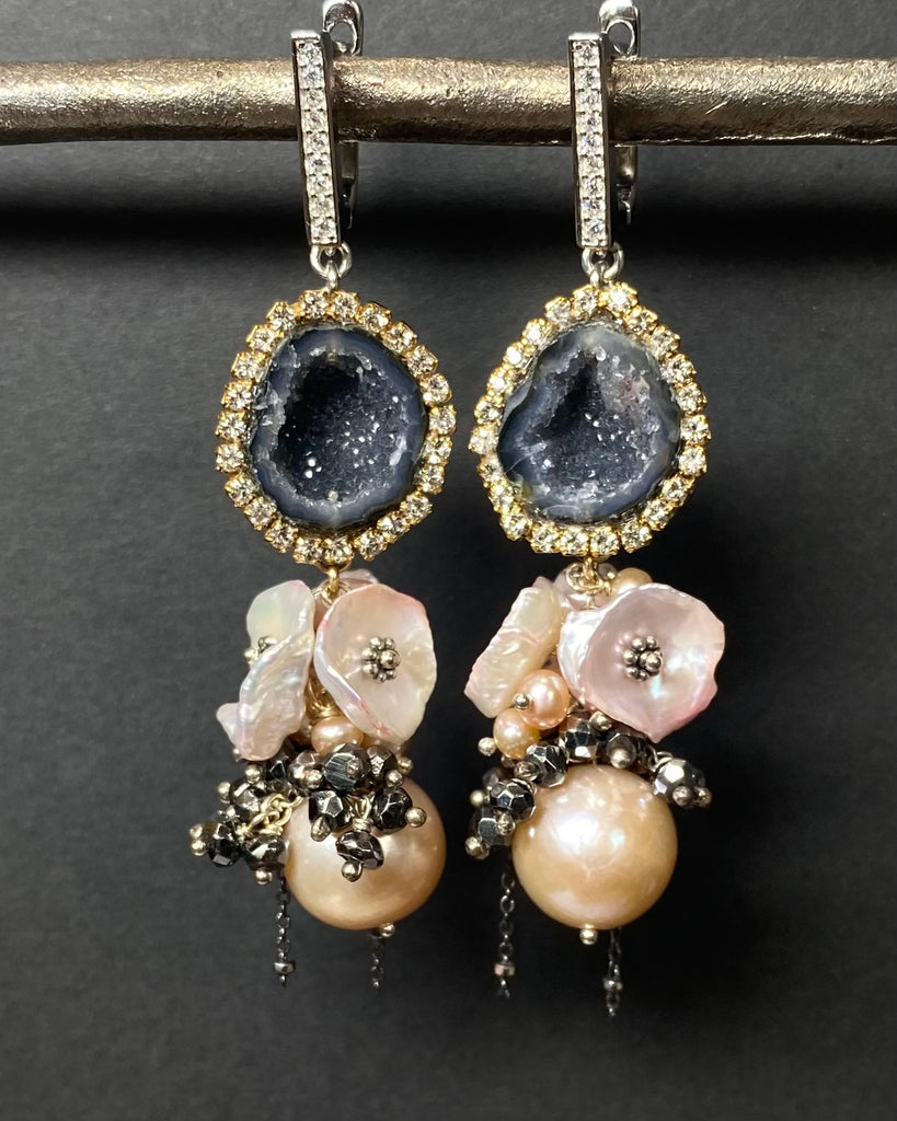 Pink Edison Pearl Cluster Earrings with Keishi and Black Geodes