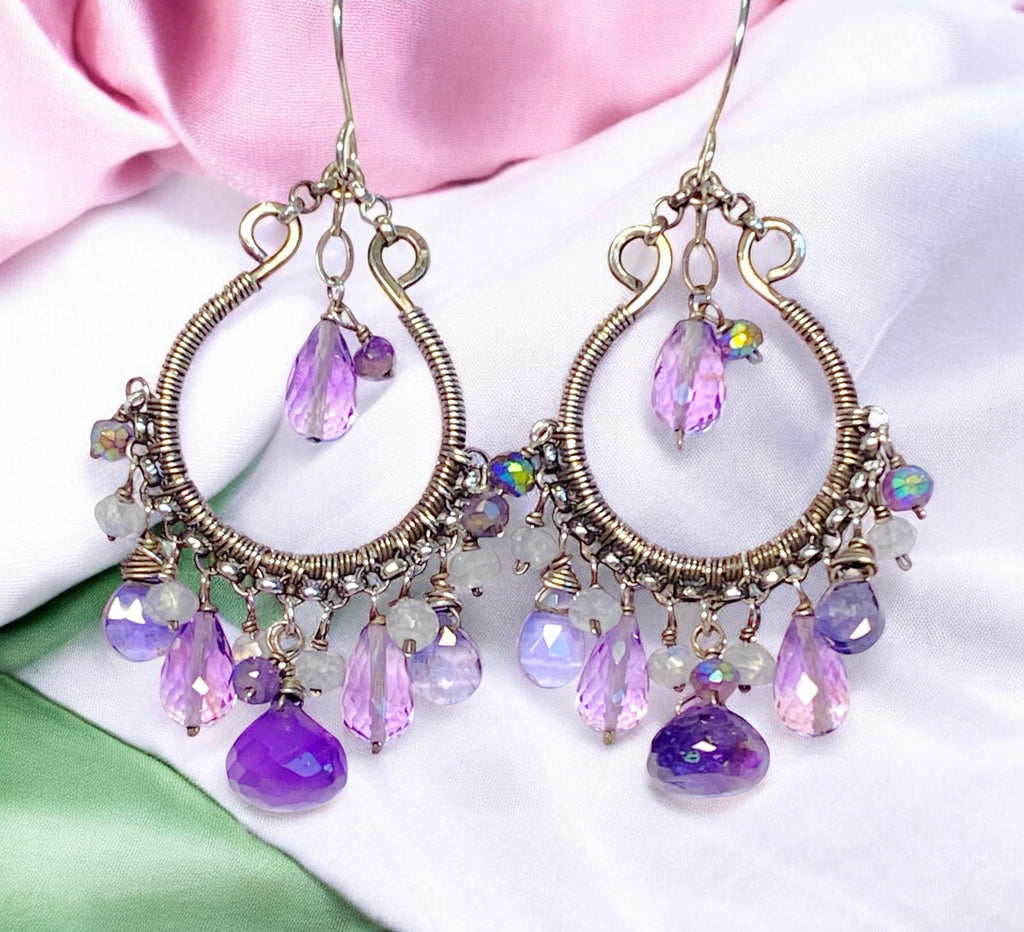 Blue Violet Oxidized Silver Hoop Chandelier Earrings Iolite, Lavender, Purple Amethyst