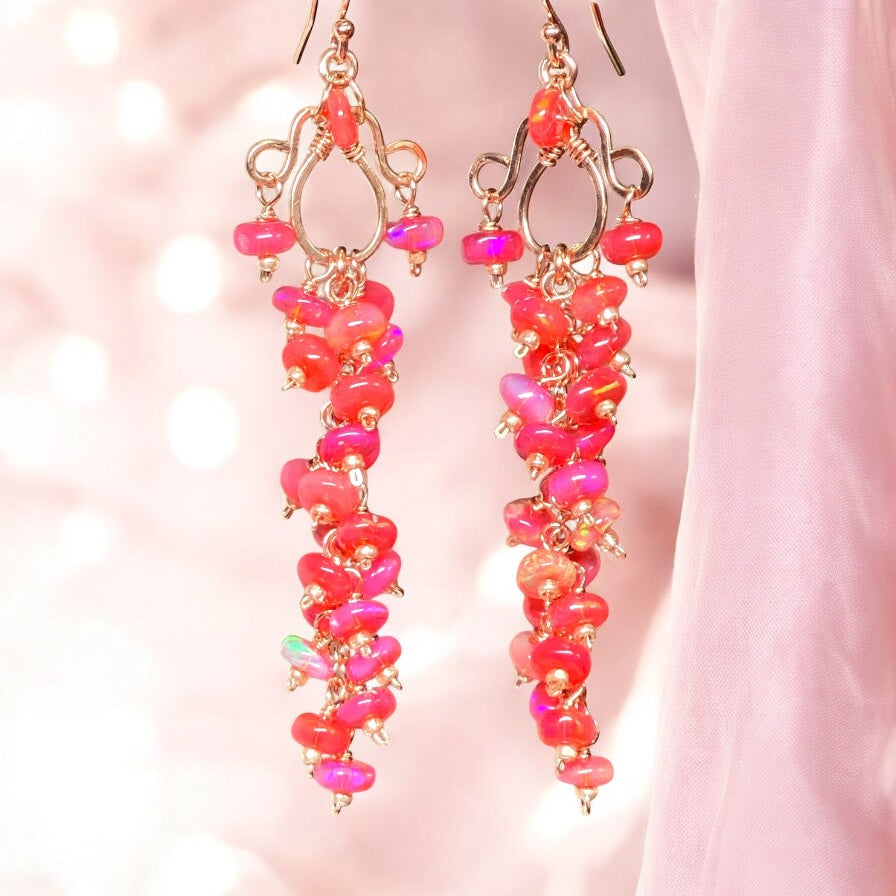 Padparadscha Ethiopian Opals Long Cluster Dangle Earrings Rose Gold 2