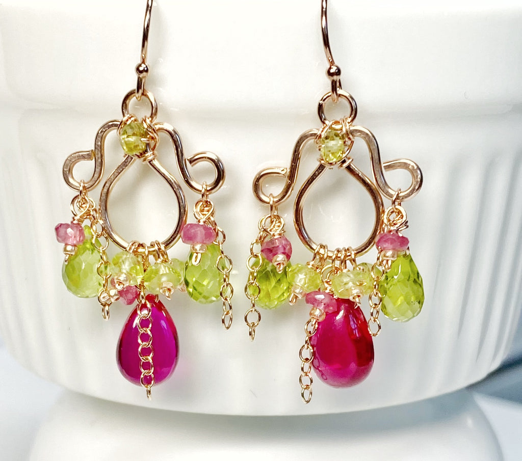 Rubellite and Peridot Rose Gold Chandelier Earrings - Pink and Green