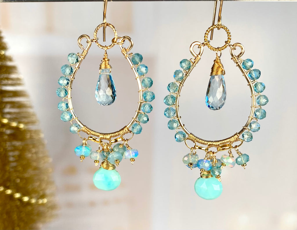 Blue Topaz and Opal Chandelier Hoop Earrings, Apatite, 14k Gold Fill