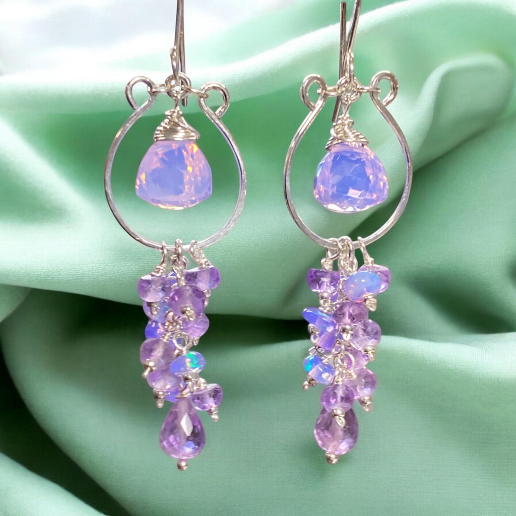 Lavender quartz, pink amethyst and lavender opal chandelier hoop earrings in sterling silver, handmade in NY