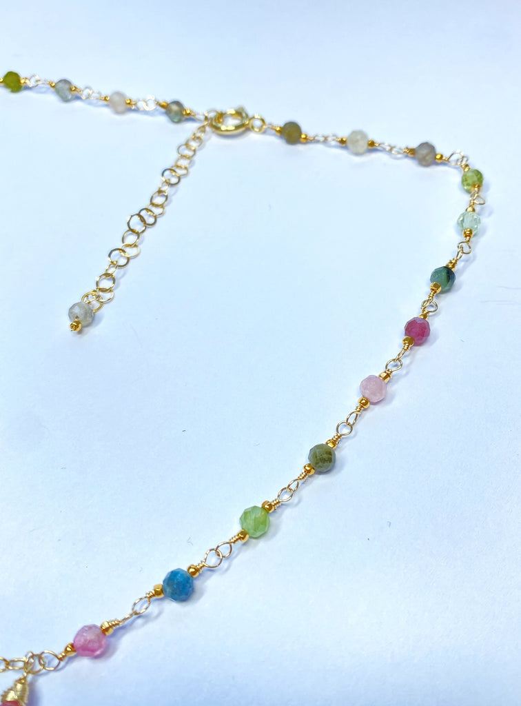 Tourmaline Gold Fill Dangle Necklace Rosary Style Wire Wrap