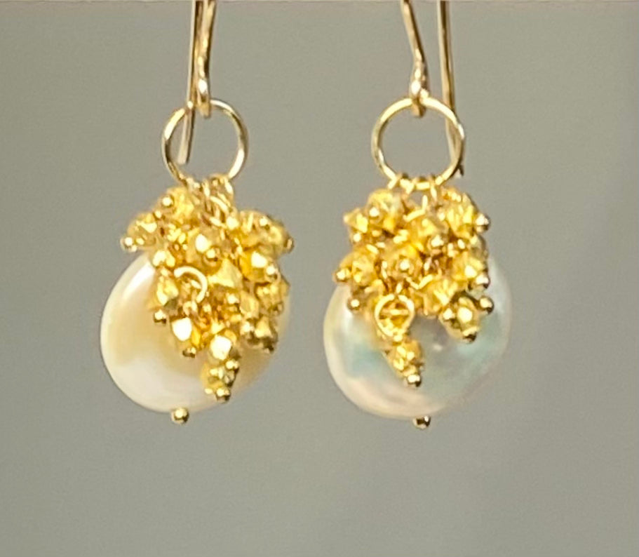 Ivory Coin Pearl Earrings with Gold Nugget Clusters