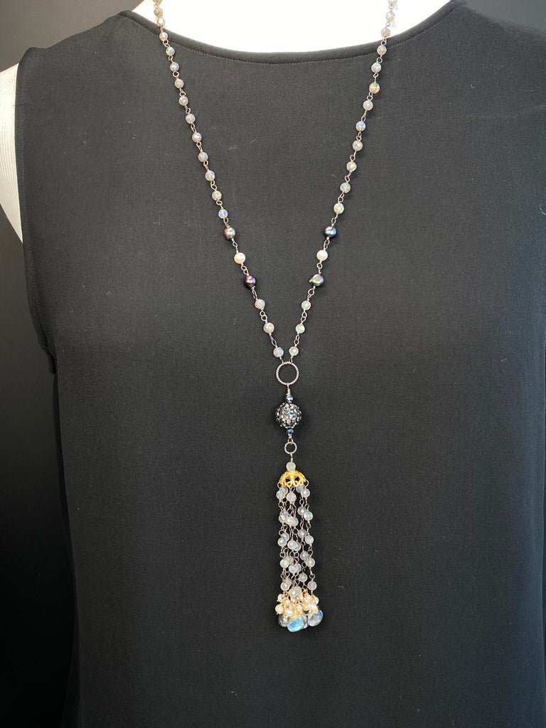 Mystic Labradorite Tassel Pendant Necklace with Marcasite & Spinel — Oxidized Sterling Silver & 14k Gold Fill