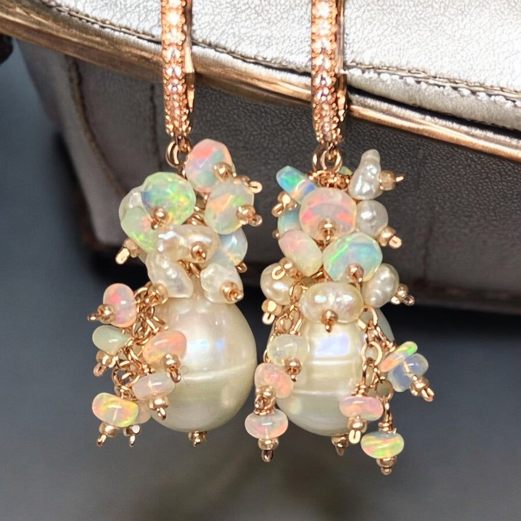 Pearl and Ethiopian Opal Cluster Earrings