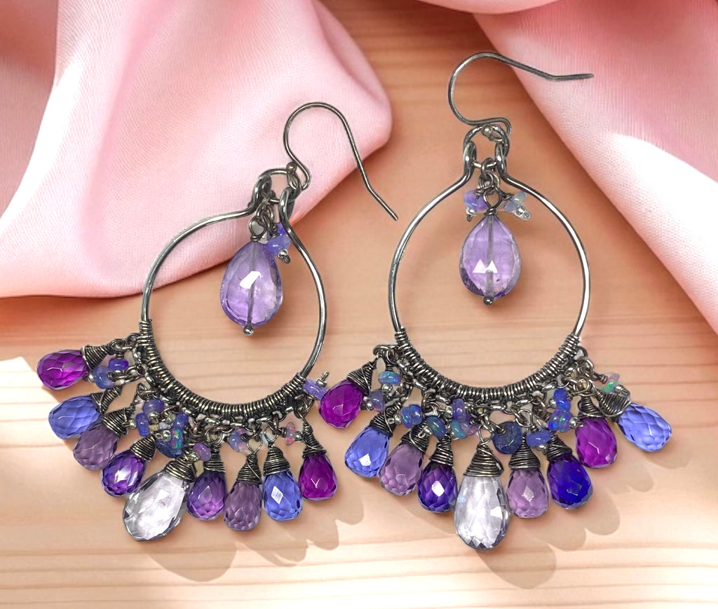 Blue Violet Gem Statement Chandelier Earrings in Oxidized Sterling Silver
