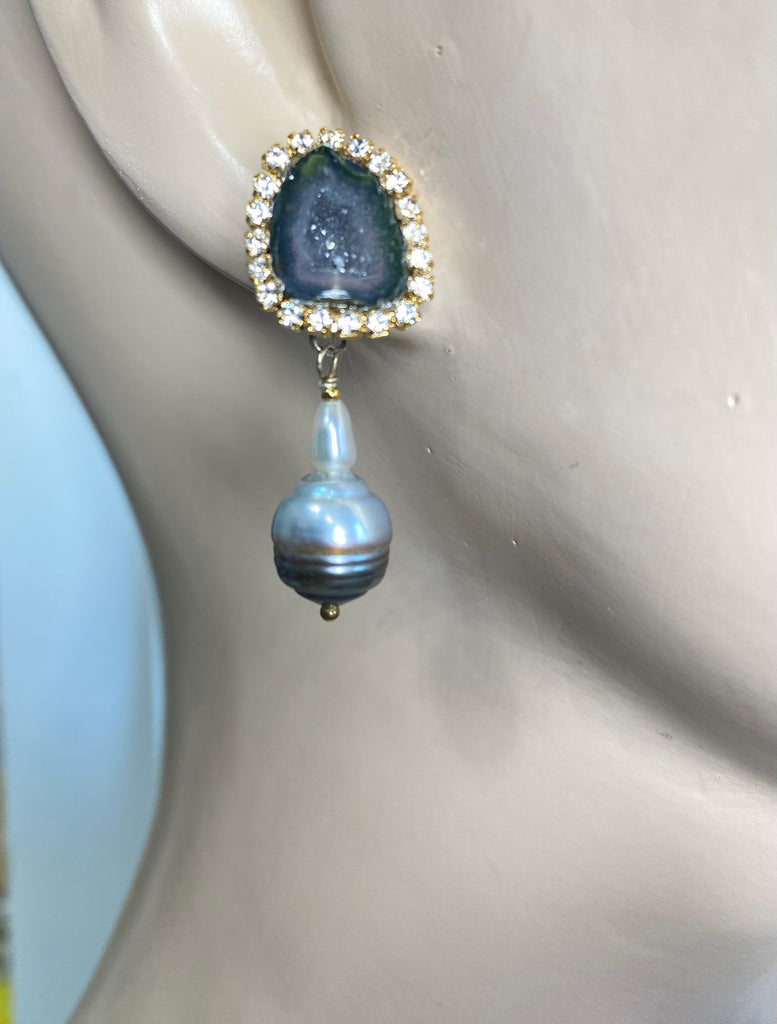 Black Tabasco Geode Earrings with Tahitian Pearls