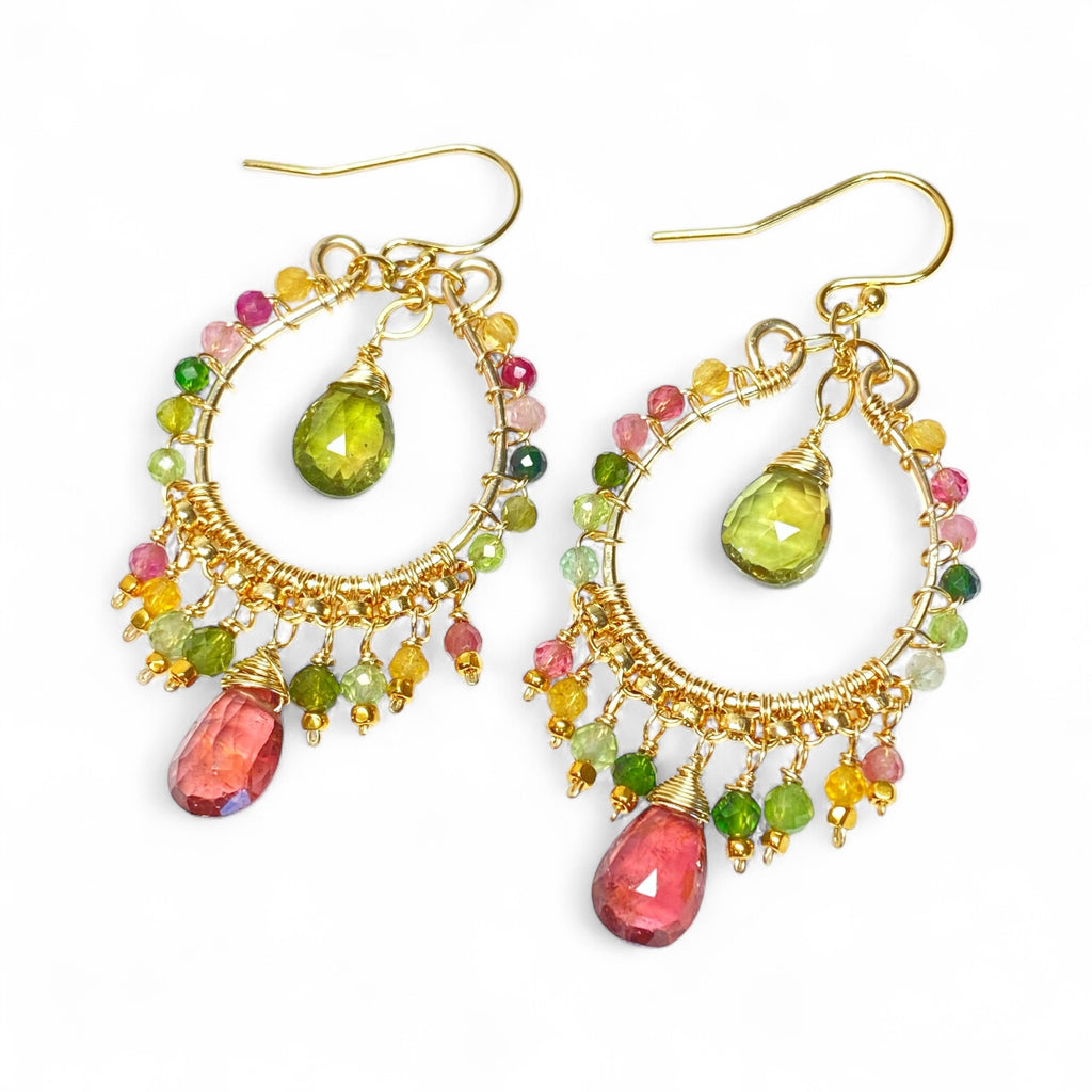 Tourmaline Gemstone Chandelier Hoop Earrings Gold Fill 2