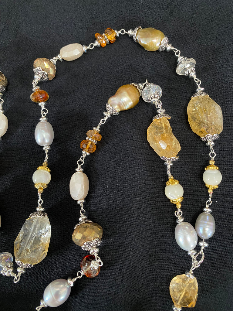 Citrine and Gold White Baroque Pearl Long Sautoir Necklace Sterling Silver — Pyrite Moonstone Crystal Quartz