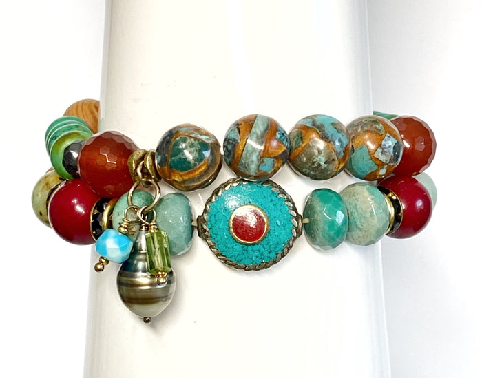 Stretch Bracelet Stack, Set of Two, Green Turquoise, Peruvian Opal, Tahitian Pearl Dangle