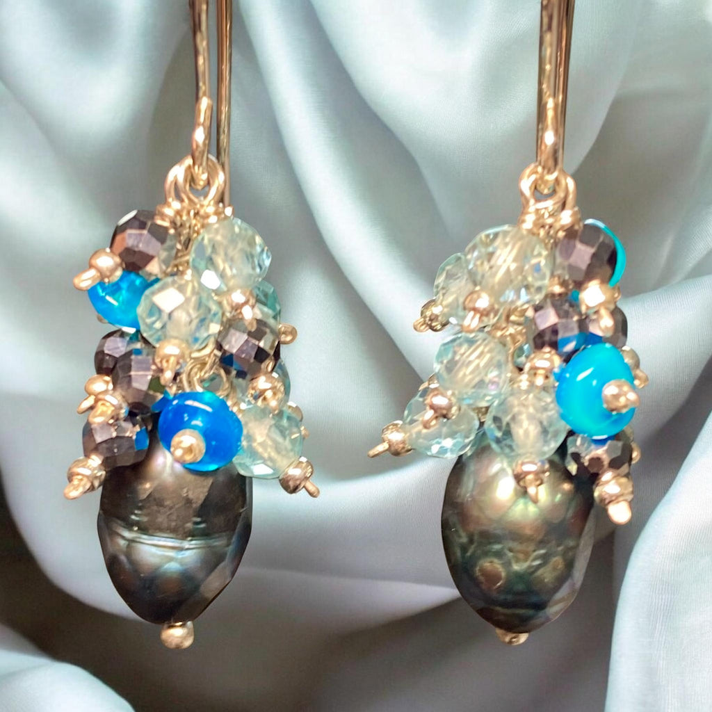 Petite Peacock Pearl Cluster Earrings — Teal Blue Opal, Aqua Apatite, Mystic Black Terahertz