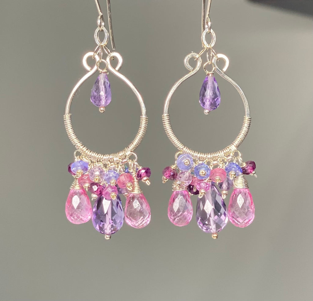 Pink Gemstone and Amethyst Chandelier Earrings Sterling Silver