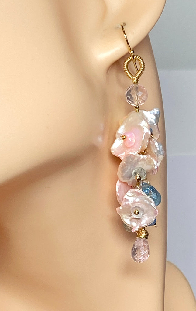 Aquamarine, Morganite, Opal Gemstone and Keishi Pearl Dangle Wedding Earrings 3