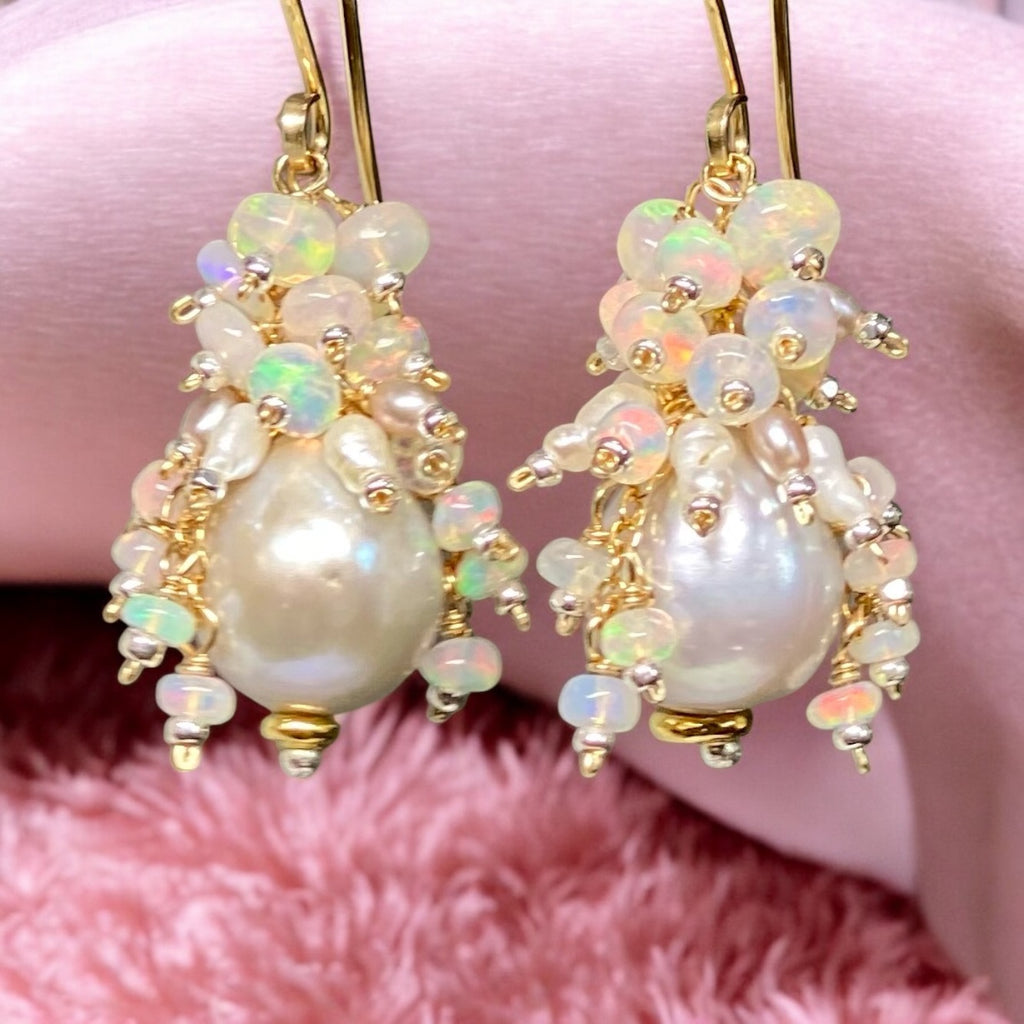 Silver Edison Pearl Ethiopian Opal Cluster Earrings, Mixed Metals