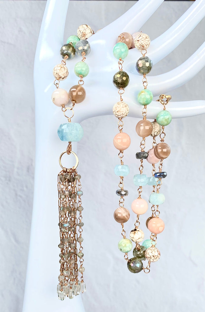 Aquamarine Labradorite Multi-Gemstone Long Tassel Necklace — Rose Gold Fill