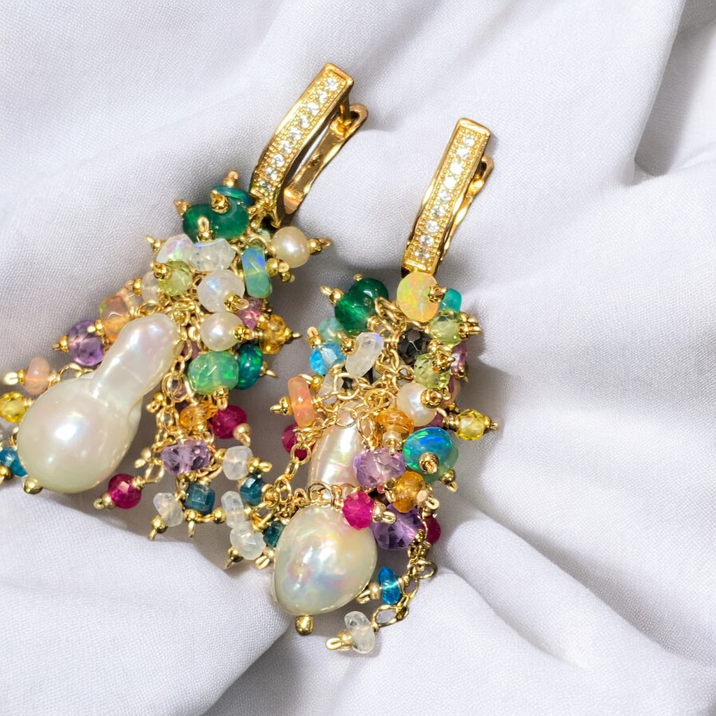 Baroque Flameball Earrings Multi Gemstone Cluster, Gold fill
