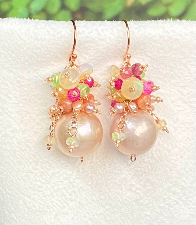 Blush Pearl Multicolor Opal Gemstone Cluster Earrings Rose Gold Fill