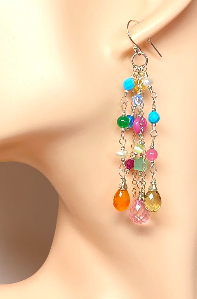 Multicolor Gemstone Dangle Earrings Sterling Silver - Pink, Orange, Yellow - Doolittle